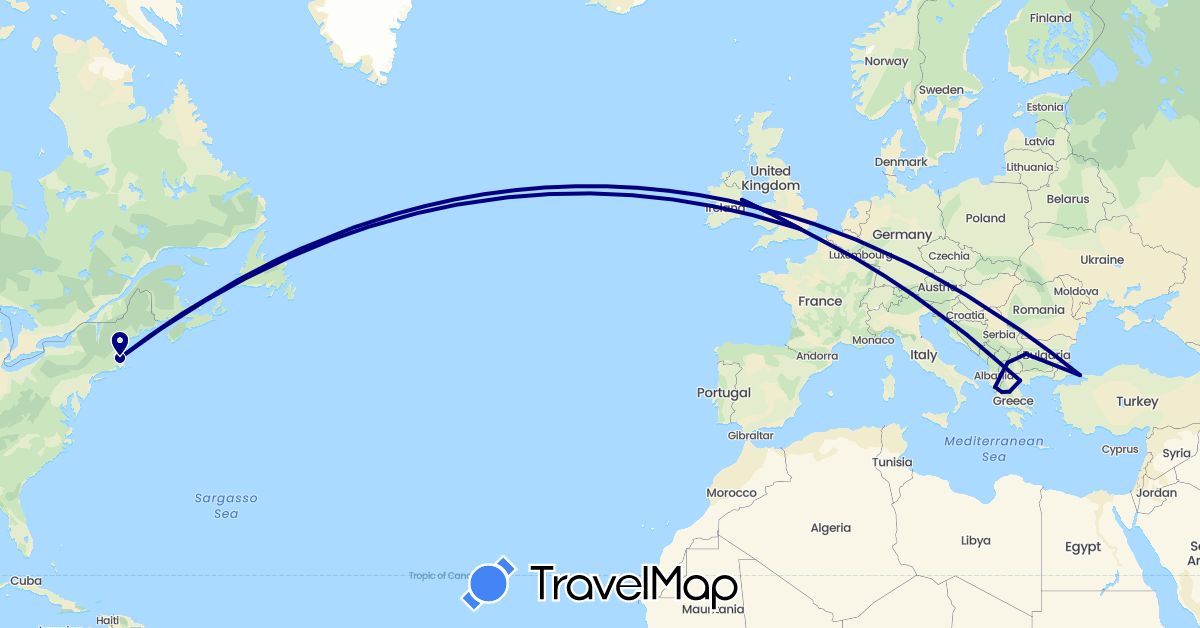 TravelMap itinerary: driving in Albania, Bulgaria, United Kingdom, Greece, Ireland, Macedonia, Turkey, United States (Asia, Europe, North America)